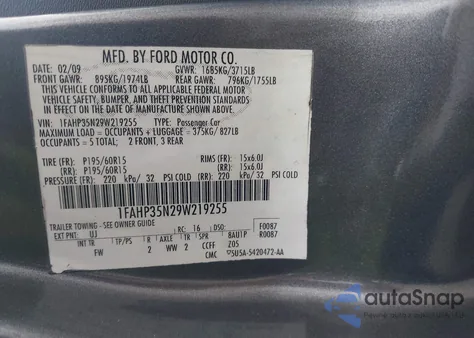 2009 Ford Focus Se из США, поврежденный, VIN 1FAHP35N29W219255